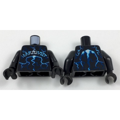 black torso nexo knights dark blue bright light blue and white lightning effects and symbols pattern black arms black hands