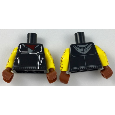 black torso jacket with dark bluish gray collar flap and hood pattern yellow arms with dark brown crisscross pattern reddish brown hands