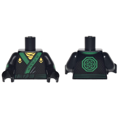 black torso ninjago robe with gold scarf and diamonds green sash and emblem pattern black arms with diamonds and green cuffs pattern black hands