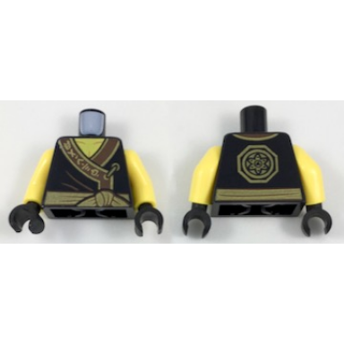 black torso ninjago robe with ninjago logogram earth brown fabric creases gold sash and medallion pattern yellow arms black hands