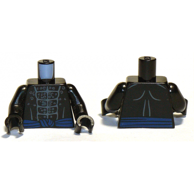 black torso bare chest with muscles outline white chest hair and blue sash pattern black arms black hands