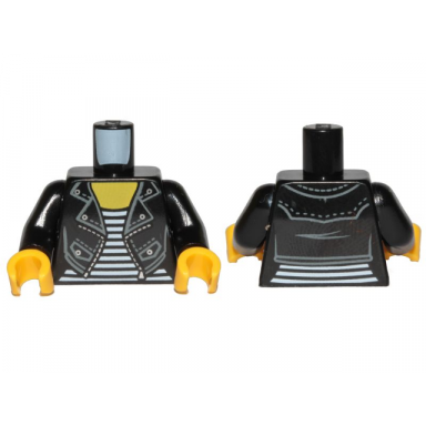 black torso female leather jacket open with pockets and silver buttons and zipper over shirt with white stripes yellow neck pattern black arms yellow hands