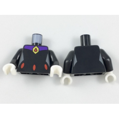 black torso female outline with red ovals at waist and red and yellow amulet pattern black arms white hands