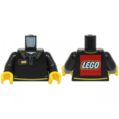 black torso polo shirt with yellow trim name badge white shirt lego logo on back pattern black arms yellow hands