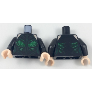 black torso female outline with catsuit with dark green contour lines and green swirly pattern black arms light nougat hands