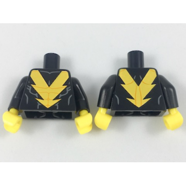 black torso yellow lightning v muscle contour lines pattern black arms yellow hands