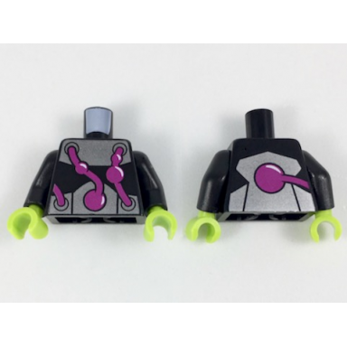 black torso metallic silver bands with bulging purple tubes pattern black arms lime hands