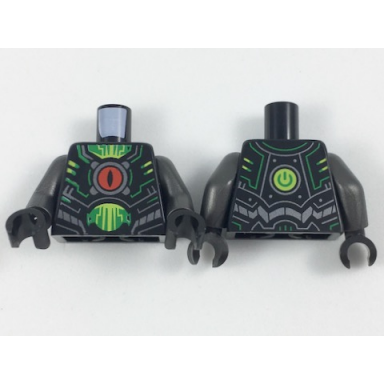 black torso armor red eye in center silver and green circuitry green and lime trim pattern pearl dark gray arms black hands