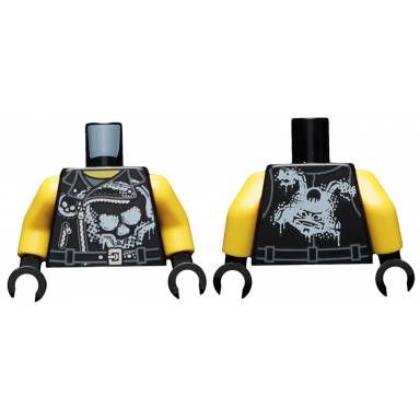 black torso biker vest with skull graffiti on front sons of garmadon logo graffiti on back pattern yellow arms black hands