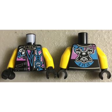 black torso biker vest with dark pink medium azure ninjago characters sons of garmadon logo and ninjago sog on back pattern yellow arms black hands