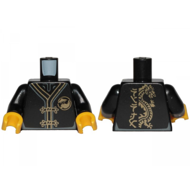 black torso ninjago robe with gold frog clasps gold sensei wu emblem front and gold dragon back pattern black arms yellow hands