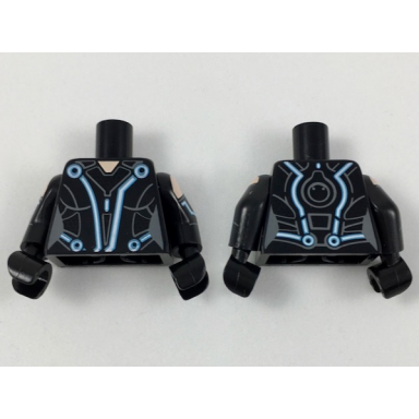 black torso female with white blue curved lines and dark bluish gray markings pattern black arms with light nougat shoulder and blue line pattern black hands