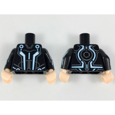 black torso white blue angular lines and dark bluish gray markings pattern black arms with blue lines pattern light nougat hands