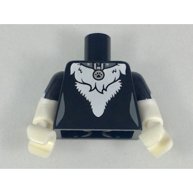 black torso female with silver pet tag and white stomach fur pattern white arms with black short sleeves with white fur fringe pattern white hands