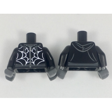 black torso hoodie with zipper dark bluish gray lines white spider web pattern black arms dark bluish gray hands