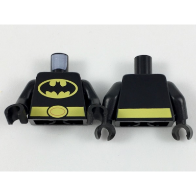 black torso batman logo in yellow oval large yellow belt with oval buckle pattern black arms black hands