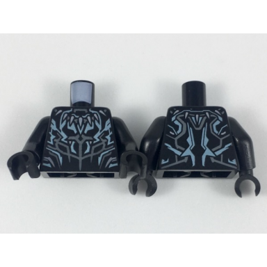 black torso armor with dark bluish gray fang necklace and panel lines metallic light blue highlights pattern black arms black hands