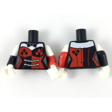 black torso female outline black and red corset with diamonds pattern white arm left with red band white arm right with black band white hands