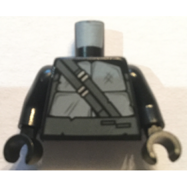 black torso turtle shell with dark bluish gray horizontal and diagonal belt pattern black arms black hands