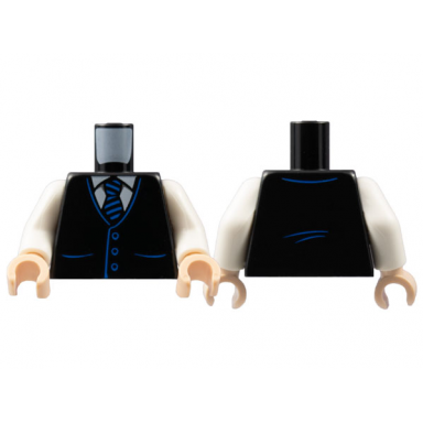 black torso vest with pockets and buttons over white shirt tie with blue stripes back creases pattern white arms light nougat hands