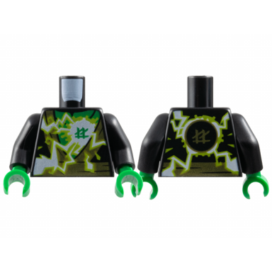 black torso ninja robe with gold hems and sash green scarf spinjitzu electricity burst pattern black arms green hands