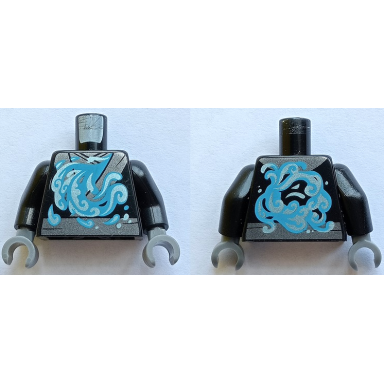 black torso ninja robe silver trim with blue wave pattern black arms dark bluish gray hands