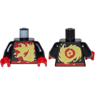 black torso ninja robe with red belt and sash and spinjitzu fire burst pattern black arms red hands