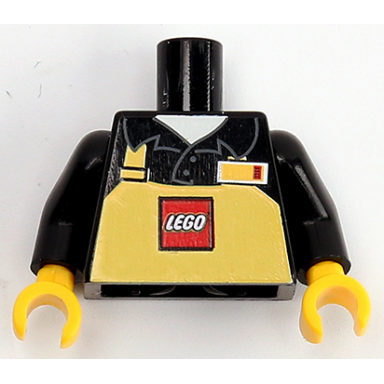 black torso polo shirt with collar and yellow apron with lego logo and name tag on left side pattern lego store employee black arms yellow hands