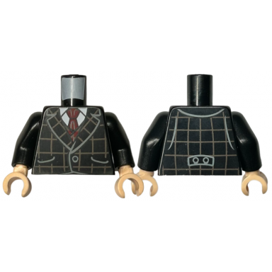 black torso suit jacket with dark tan checkered lines over dark red vest and white shirt with collar tie pattern black arms light nougat hands