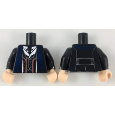black torso suit jacket vest and tie red trim dark blue scarf pattern black arms with white lines pattern light nougat hands