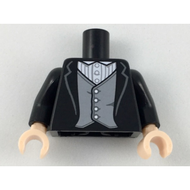 black torso jacket white shirt with pinstripes light bluish gray vest pattern black arms light nougat hands