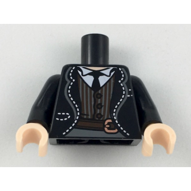 black torso jacket with white stitching white shirt black tie dark brown striped vest and belt pattern black arms light nougat hands