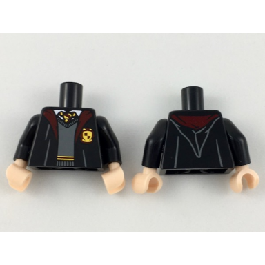 black torso gryffindor robe over dark bluish gray sweater dark red and bright light orange tie and trim pattern black arms light nougat hands