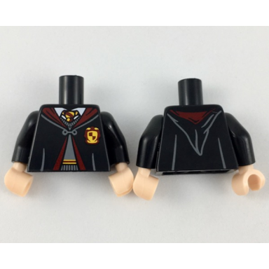 black torso hogwarts robe clasped over dark bluish gray sweater dark red and bright light orange tie and trim pattern black arms light nougat hands