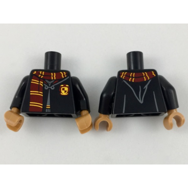 black torso hogwarts robe clasped over sweater dark red and bright light orange scarf and trim pattern black arms medium nougat hands
