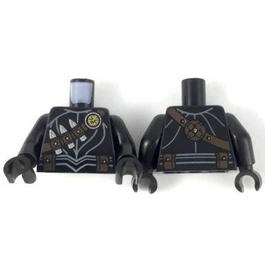 black torso armor with gold owl logo dark brown bandolier and pouches 3 silver daggers pattern black arms black hands