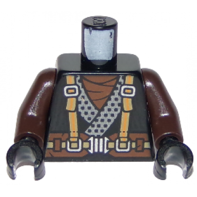 black torso ninjago robe with suspenders and wide belt dragon logo on back pattern dark brown arms black hands