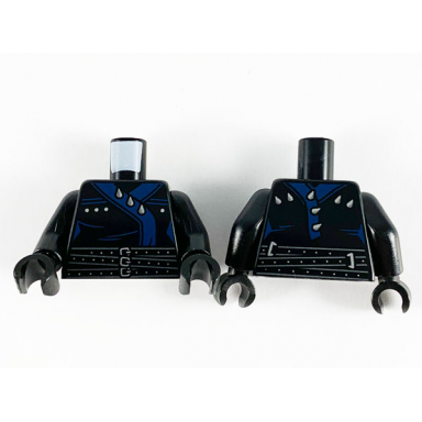 black torso ninjago three belts with dark blue straps with spikes pattern black arms black hands