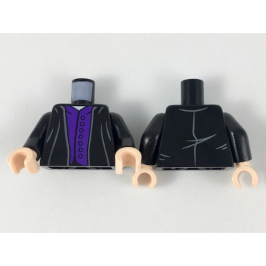 black torso robe over dark purple vest with 7 buttons pattern black arms light nougat hands