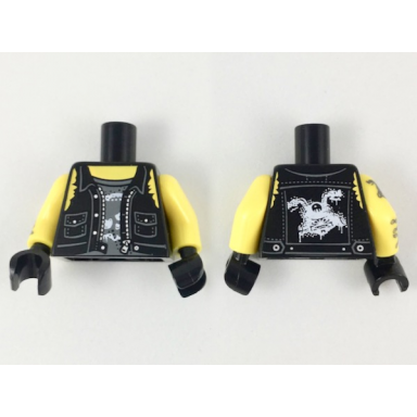 black torso tattered vest open with pockets zipper buttons and white sons of garmadon sog logo on back over dark bluish gray tank top with skull yellow neck and shoulders pattern yellow arm left yellow arm right with dark bluish gray sons of garmadon sog tattoo and chains pattern black hands