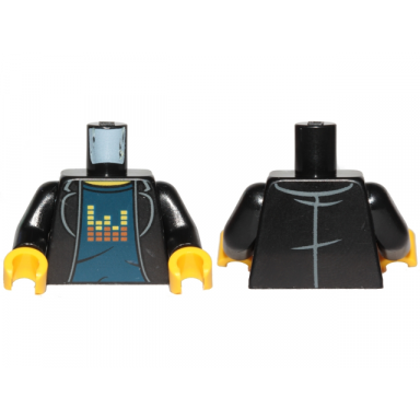 black torso ninjago jacket dark blue undershirt with red and yellow pixels bars pattern black arms yellow hands