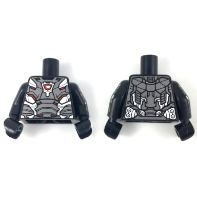 black torso dark silver and silver armor plates with red trim and arc reactor pattern black arms with dark silver and silver armor 004 star in circle pattern black hands