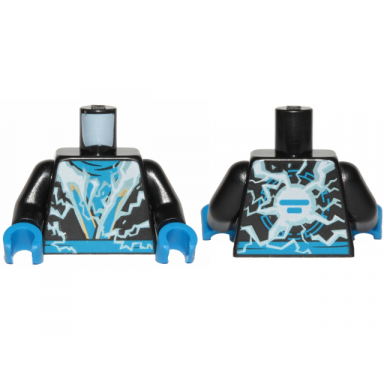 black torso ninja robe with blue belt and sash and spinjitzu lightning burst pattern black arms blue hands