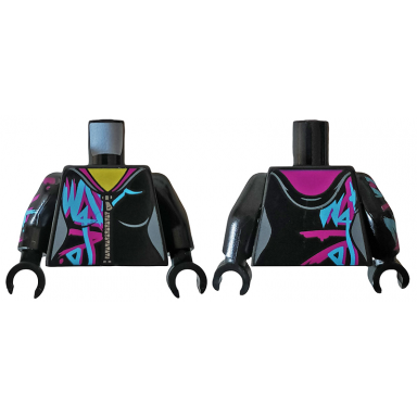 black torso female hoodie with zipper magenta and medium azure markings pattern black arm left black arm right with magenta and medium azure markings pattern black hands