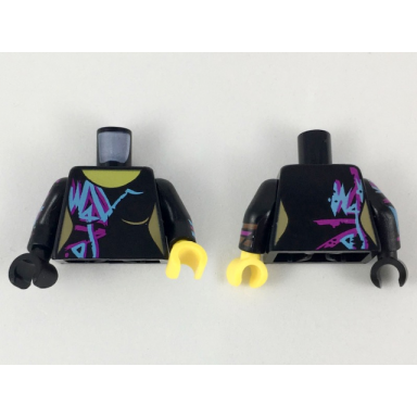 black torso female purple and medium azure markings pattern black arm left with wyldstyle cuff black arm right with purple and blue markings yellow hand left black hand right