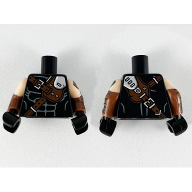 black torso reddish brown and silver crossbelt pattern reddish brown arms with light nougat short sleeves silver plates pattern black hands