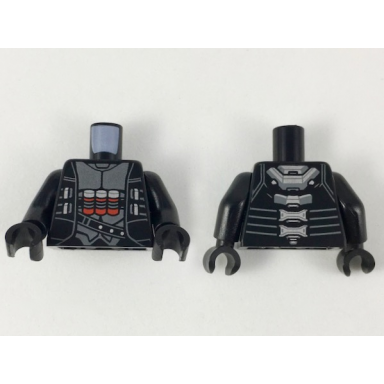 black torso jacket over silver armor 3 red cylinders pattern black arms black hands