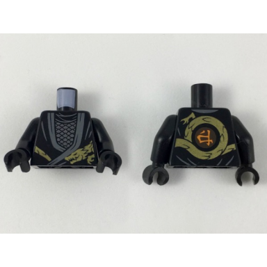 black torso ninjago robe with dark bluish gray hems gold dragon head and tail silver scale armor pattern black arms black hands