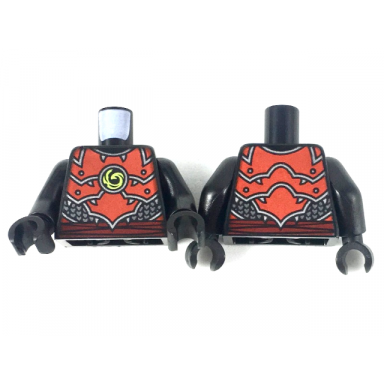 black torso ninjago red plate armor and belt silver scale armor lime swirl medallion pattern black arms black hands