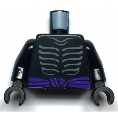 black torso ninjago skeleton ribs gray and dark purple waist sash pattern and gray muscles outline on back black arms black hands